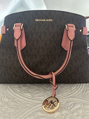 Michael Kors Brown Tote with Pink Trim and Gold Logo Charm